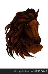 Arabian horse portrait. Brown mustang head with wavy mane strands flying against wind and shining proud eyes. Arabian brown horse portrait