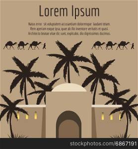 Arabian house, palm tree, camels backround. Arabian house, palm tree, camels backround, vector illustration