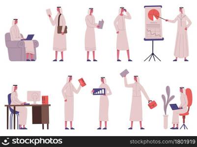 Arabian islamic male busy business office character. Arab businessman work in office, business activity muslim person vector illustration set. Muslim business person sitting with computer. Arabian islamic male busy business office character. Arab businessman work in office, business activity muslim person vector illustration set. Muslim business person