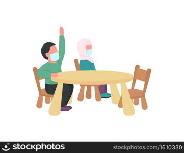 Arabian kindergarten children in medical masks flat color vector faceless characters. Preschool kids sit at table during class isolated cartoon illustration for web graphic design and animation. Arabian kindergarten children in medical masks flat color vector faceless characters