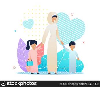 Arabian Mother in Traditional Clothes Walking with Diverse Kids. Islamic Woman Holding Son and Daughters Hand. Happy Motherhood. Family Time Vector Cartoon Illustration with Plant Leaves Design. Arabian Mother Walking with Diverse Kids Cartoon