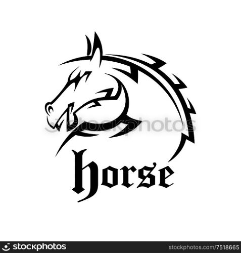 Arabian stallion head rounded icon for tattoo or sporting mascot design with sketch illustration of horse neighs with alert ears, decorated by tribal ornamental elements. Tribal horse neighs for tattoo or mascot design