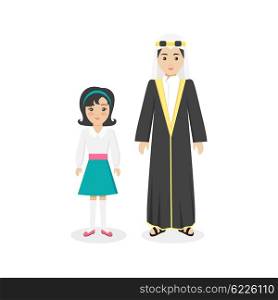Arabian traditional clothes people. Arab traditional family muslim, arabic woman clothing, east arabian dress, ethnicity islamic face, person human mother with daughter isolated white. Vector illustration