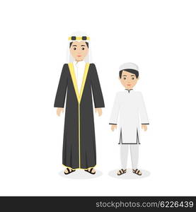 Arabian traditional clothes people. Arab traditional family muslim, arabic woman clothing, east arabian dress, ethnicity islamic face, person human mother with son isolated white. Vector illustration