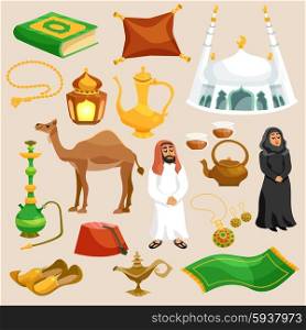 Arabic and eastern culture decorative cartoon icons set isolated vector illustration. Arabic Culture Set