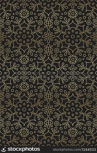 Arabic and indian seamless pattern with mandala, flower and lotus ornament in Oriental motifs golden gradient on black background