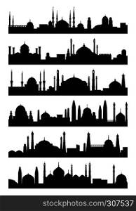 Arabic architecture silhouette of mosque roof. Vector city isolate on white background. Black silhouette islamic mosque illustration. Arabic architecture silhouette of mosque roof. Vector city isolate on white background