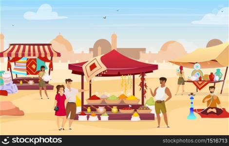 Arabic bazaar flat color vector illustration. Tourists at turkish marketplace with trade awnings. Travelers buying egyptian souvenirs faceless cartoon characters with desert town on background