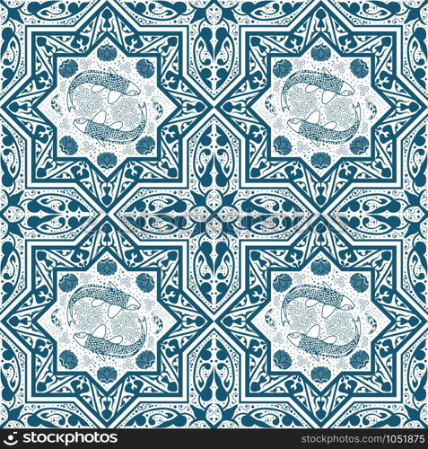 Arabic Blue Seamless Pattern with fish and lotus. Vector illustration. Arabic Blue Seamless Pattern with fish and lotus