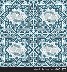 Arabic Blue Seamless Pattern with fish and lotus. Vector illustration. Arabic Blue Seamless Pattern with fish and lotus