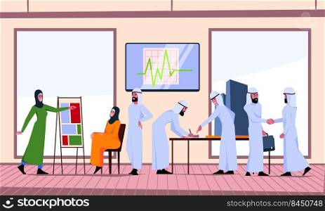 Arabic business meeting. Saudi workers in lecture room talking digital graphic growing company corporate office people garish vector flat background. Illustration of business saudi, businessman arabic. Arabic business meeting. Saudi workers in lecture room talking digital graphic growing company corporate office people garish vector flat background