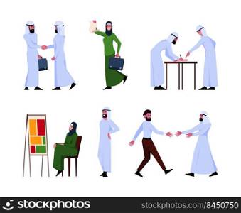 Arabic business. Traditional ethnic arabs partnership saudi workers office people meeting garish vector persons in action poses talking sitting. Illustration of business partnership businessman. Arabic business. Traditional ethnic arabs partnership saudi workers office people meeting garish vector persons in action poses talking sitting