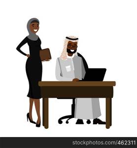 Arabic businessman working at a laptop and business woman standing,cartoon vector illustration. Arabic businessman working at a laptop and business woman standi
