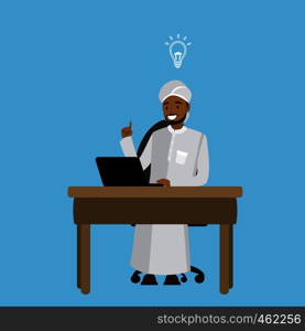 Arabic businessman working at a laptop,idea concept,isolated on blue background,cartoon vector illustration. Arabic businessman working at a laptop,idea concept