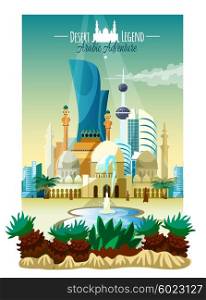 Arabic City Landscape Poster. Arabic city landscape poster with historical landmarks and modern buildings fountain and subtropical plants flat vector illustration