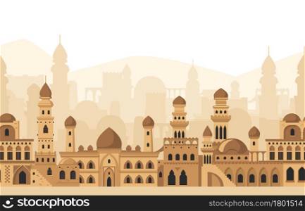 Arabic city traditional mosque buildings silhouettes panorama view. Islamic architecture landscape vector illustration. Traditional arabic mudbrick cityscape with cultural houses heritage. Arabic city traditional mosque buildings silhouettes panorama view. Islamic architecture landscape vector illustration. Traditional arabic mudbrick cityscape