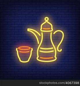 Arabic coffee neon sign. Traditional coffee pot symbolizing hospitality. Night bright advertisement. Vector illustration in neon style for cafe or restaurant