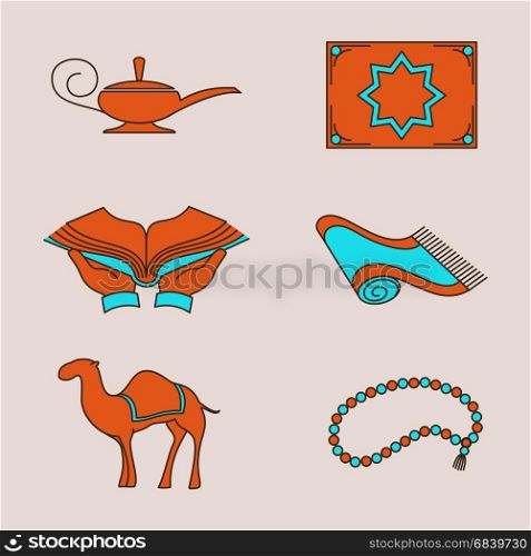 Arabic colorful icons set. Arabic icons design. Vector colorful camel, carpet and aladdin lamp, book signs.
