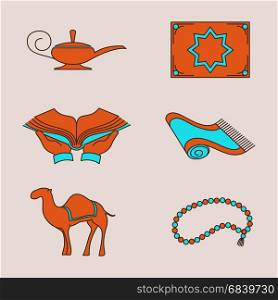 Arabic colorful icons set. Arabic icons design. Vector colorful camel, carpet and aladdin lamp, book signs.