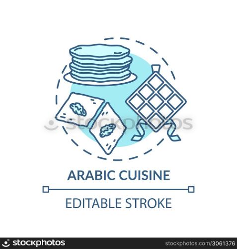 Arabic cuisine concept icon. National meals. Traditional menu with different homemade desserts. Ethnic menu idea thin line illustration. Vector isolated outline RGB color drawing. Editable stroke. Arabic cuisine concept icon