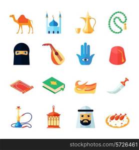 Arabic culture and religion middle east traditional icon flat set isolated vector illustration
