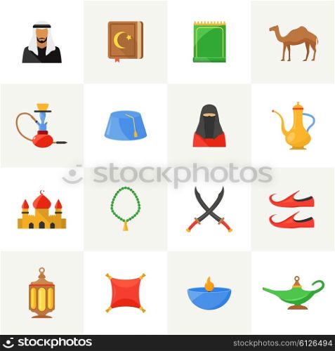 Arabic culture icons set. Arabic culture flat icons set with islamic symbols isolated vector illustration