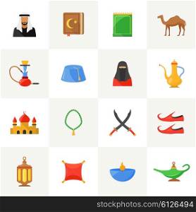 Arabic culture icons set. Arabic culture flat icons set with islamic symbols isolated vector illustration