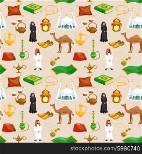 Arabic culture seamless pattern with camel tea pot mosque cartoon vector illustration. Arabic Culture Seamless