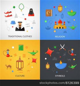 Arabic culture set. Arabic culture design concept set with traditional clothes and religion symbols flat icons isolated vector illustration