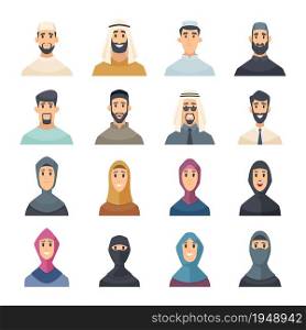 Arabic faces. Avatars muslim characters portraits of arabic male and female east people vector set. Illustration avatar portrait character muslim face. Arabic faces. Avatars muslim characters portraits of arabic male and female east people vector set