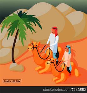 Arabic family riding camels in desert isometric background 3d vector illustration. Arabic Family Background