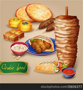 Arabic Food Set. Arabic food set with shawarma kebab hummus and pita cartoon vector illustration