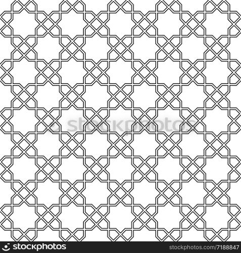 Arabic geometric ornament based on traditional arabic art. Muslim mosaic.Black and white average thickness lines.. Seamless arabic geometric ornament in black and white.