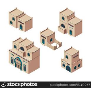 Arabic houses. Isometric sandy authentic old buildings isometric antique arab construction vector set. Exterior african isometric building illustration. Arabic houses. Isometric sandy authentic old buildings isometric antique arab construction vector set