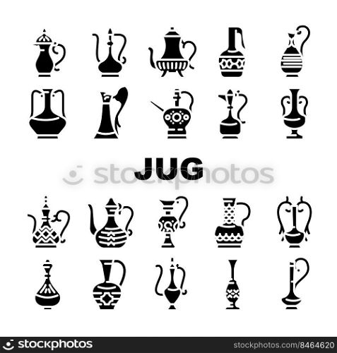 Arabic Jug Traditional Container Icons Set Vector. Arabic Jug For Boiling Arabian Tea, Coffee Or Water. Antique Pottery Earthenware For Storage Carrying Beverage Glyph Pictograms Black Illustration. Arabic Jug Traditional Container Icons Set Vector