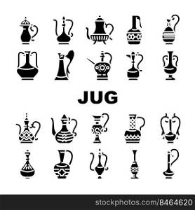 Arabic Jug Traditional Container Icons Set Vector. Arabic Jug For Boiling Arabian Tea, Coffee Or Water. Antique Pottery Earthenware For Storage Carrying Beverage Glyph Pictograms Black Illustration. Arabic Jug Traditional Container Icons Set Vector