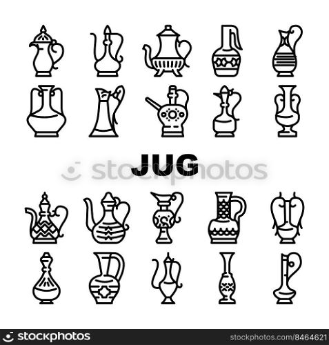 Arabic Jug Traditional Container Icons Set Vector. Arabic Jug For Boiling Arabian Tea, Coffee Or Water. Antique Pottery Earthenware For Storage And Carrying Beverage Black Contour Illustrations. Arabic Jug Traditional Container Icons Set Vector