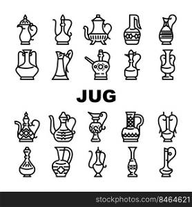 Arabic Jug Traditional Container Icons Set Vector. Arabic Jug For Boiling Arabian Tea, Coffee Or Water. Antique Pottery Earthenware For Storage And Carrying Beverage Black Contour Illustrations. Arabic Jug Traditional Container Icons Set Vector