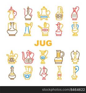 Arabic Jug Traditional Container Icons Set Vector. Arabic Jug For Boiling Arabian Tea, Coffee Or Water. Antique Pottery Earthenware For Storage And Carrying Beverage Color Illustrations. Arabic Jug Traditional Container Icons Set Vector