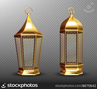 Arabic l&s, gold lanterns with arab ornament, ring, place for candle. Accessories for islamic ramadan holiday. Realistic 3d vector vintage luminous shining lights isolated on transparent background. Arabic l&s, gold arab lanterns with ornament