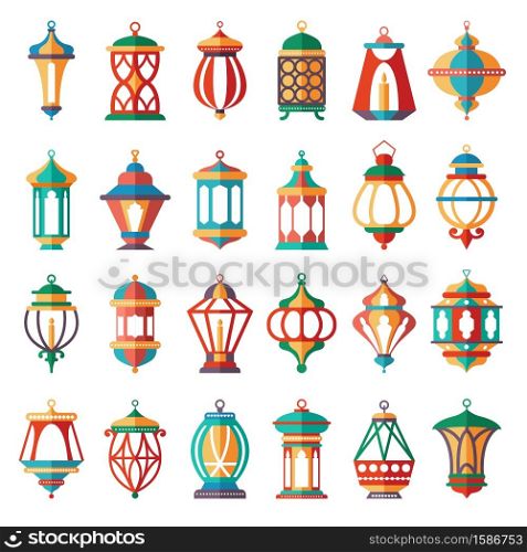 Arabic lamps. Old light muslim islamic lanterns vector cartoon colored collection isolated on white. Arabic lamps. Old light muslim islamic lanterns vector cartoon colored collection