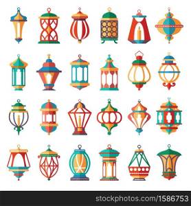 Arabic lamps. Old light muslim islamic lanterns vector cartoon colored collection isolated on white. Arabic lamps. Old light muslim islamic lanterns vector cartoon colored collection