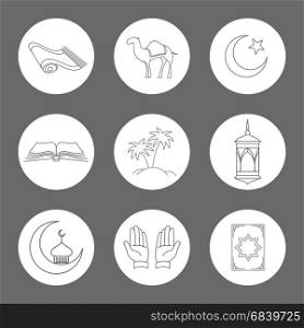 Arabic linear icons set. Arabic linear icons set. Vector muslim symbols on white rounds
