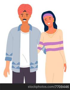 Arabic man with mustache in turban on head and woman wearing dress embracing, international nationality adult people smiling, young multinational guy and girl in traditional clothes, ethnicity. Arabic man with mustache in turban on head, woman wearing dress embracing, international nationality