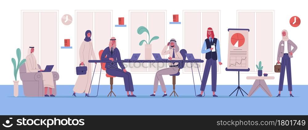 Arabic muslim business office work space colleagues. Business team brainstorming, coworking or meeting vector illustration. Arabian business characters sitting on presentation with flip chart. Arabic muslim business office work space colleagues. Business team brainstorming, coworking or meeting vector illustration. Arabian business characters