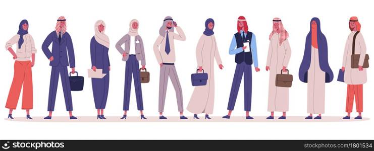 Arabic muslim stylish business people group standing together. Male and female business office characters in traditional clothes vector illustration set. Arabian business team with suitcases. Arabic muslim stylish business people group standing together. Male and female business office characters in traditional clothes vector illustration set. Arabian business team