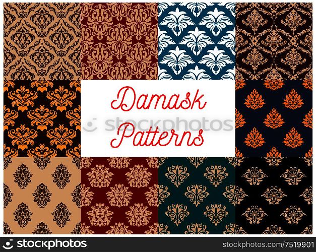 Arabic seamless floral patterns set with damask ornaments of decorative flowers and leaves on colorful background. Interior textile, wallpaper or tapestry design. Seamless floral patterns set with damask ornaments