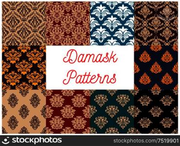 Arabic seamless floral patterns set with damask ornaments of decorative flowers and leaves on colorful background. Interior textile, wallpaper or tapestry design. Seamless floral patterns set with damask ornaments