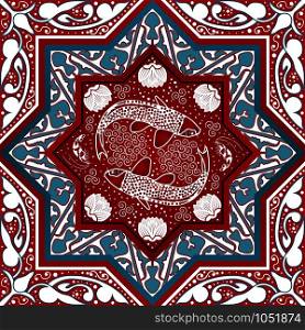 Arabic Seamless Pattern with fish and lotus. Vector illustration. Arabic Seamless Pattern with fish and lotus