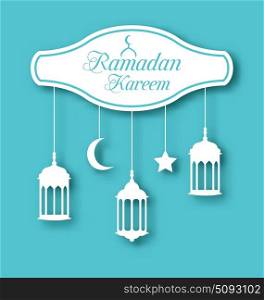 Arabic Simple Card for Ramadan Kareem with Lamps (Fanoos). Illustration Arabic Simple Card for Ramadan Kareem with Lamps (Fanoos), Calligraphic Text - Vector